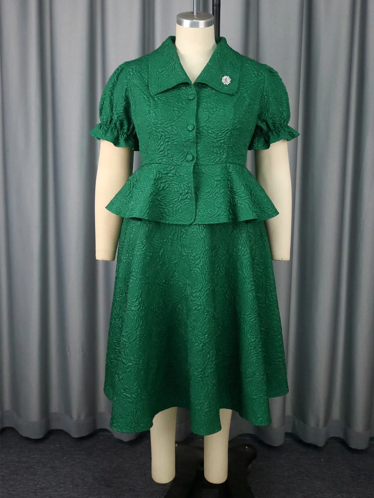 Green Jacquard Lapel Button Ruffled Belly-covering Dress - Dark Green