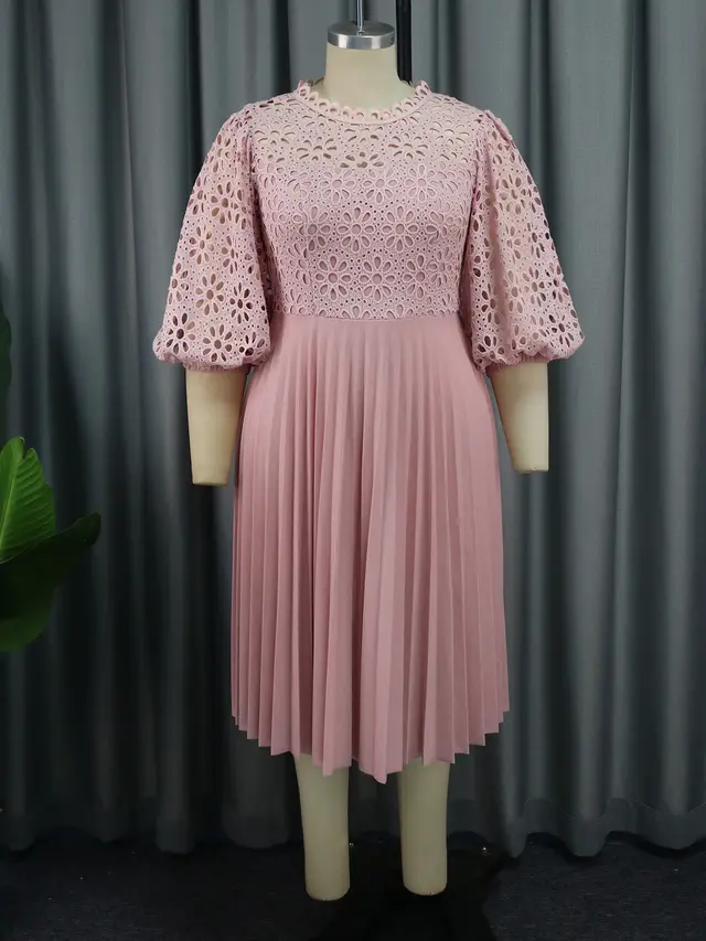 Lace Lantern Sleeve Oversized Pleated Skirt Dress Pink - Shop at LoveMi