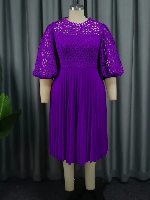 Lace Lantern Sleeve Oversized Pleated Skirt Dress Purple - Shop at LoveMi