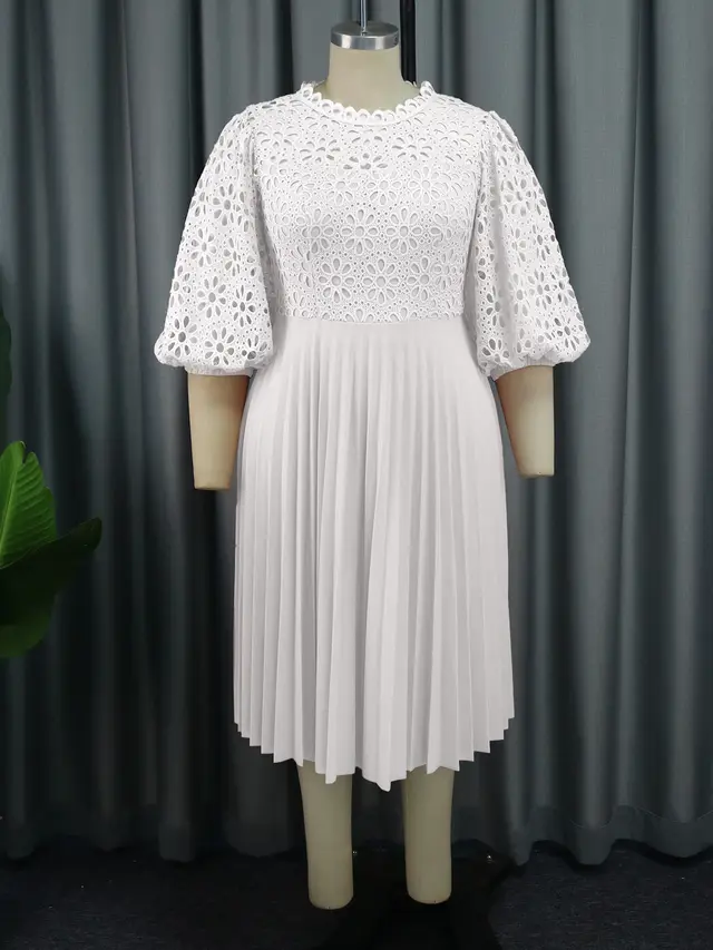 Lace Lantern Sleeve Oversized Pleated Skirt Dress White - Shop at LoveMi