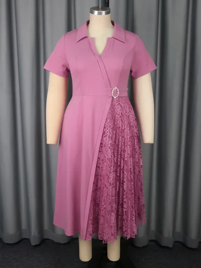 Short Sleeve Lapel Patchwork Lace Pleated Dress Pink - Shop at LoveMi