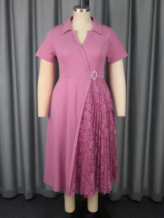 Short Sleeve Lapel Patchwork Lace Pleated Dress Pink - Shop at LoveMi