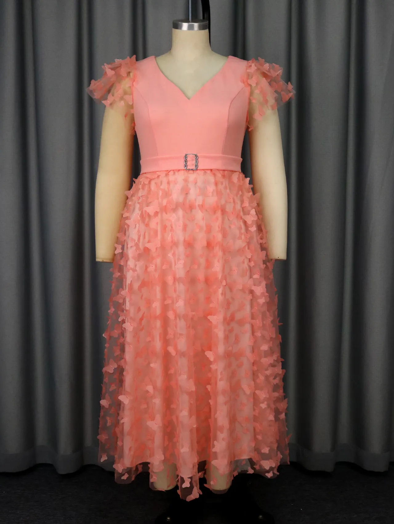 V-neck Butterfly Decoration Ruffle Sleeve Wedding Banquet Party Dress - Pink