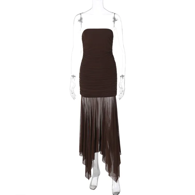 Tube Top Sleeveless Pleated Stitching Voile Long Dress Coffee Brown - Shop at LoveMi