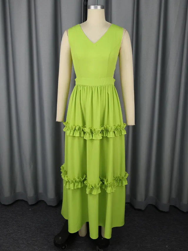 High grade Waist Hollow Sexy V neck Party Dress Mustard Green - Shop at LoveMi