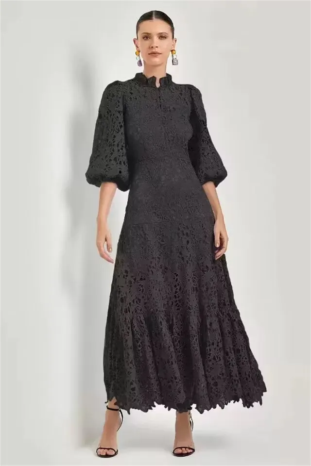 European American Dream Girl Elegant Graceful Solid Color Hollow Lace Long Dress Black - Shop at LoveMi