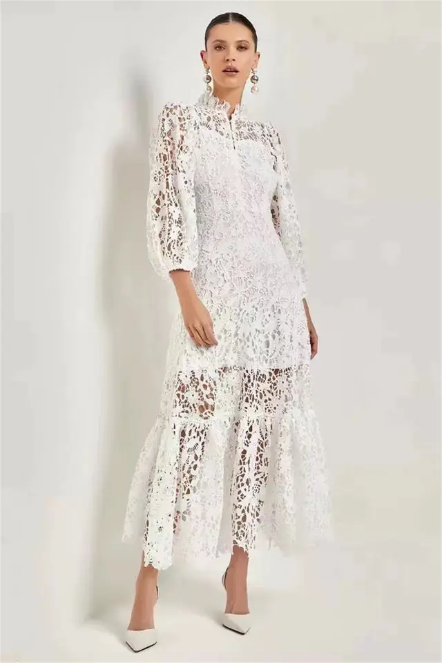 European American Dream Girl Elegant Graceful Solid Color Hollow Lace Long Dress White - Shop at LoveMi