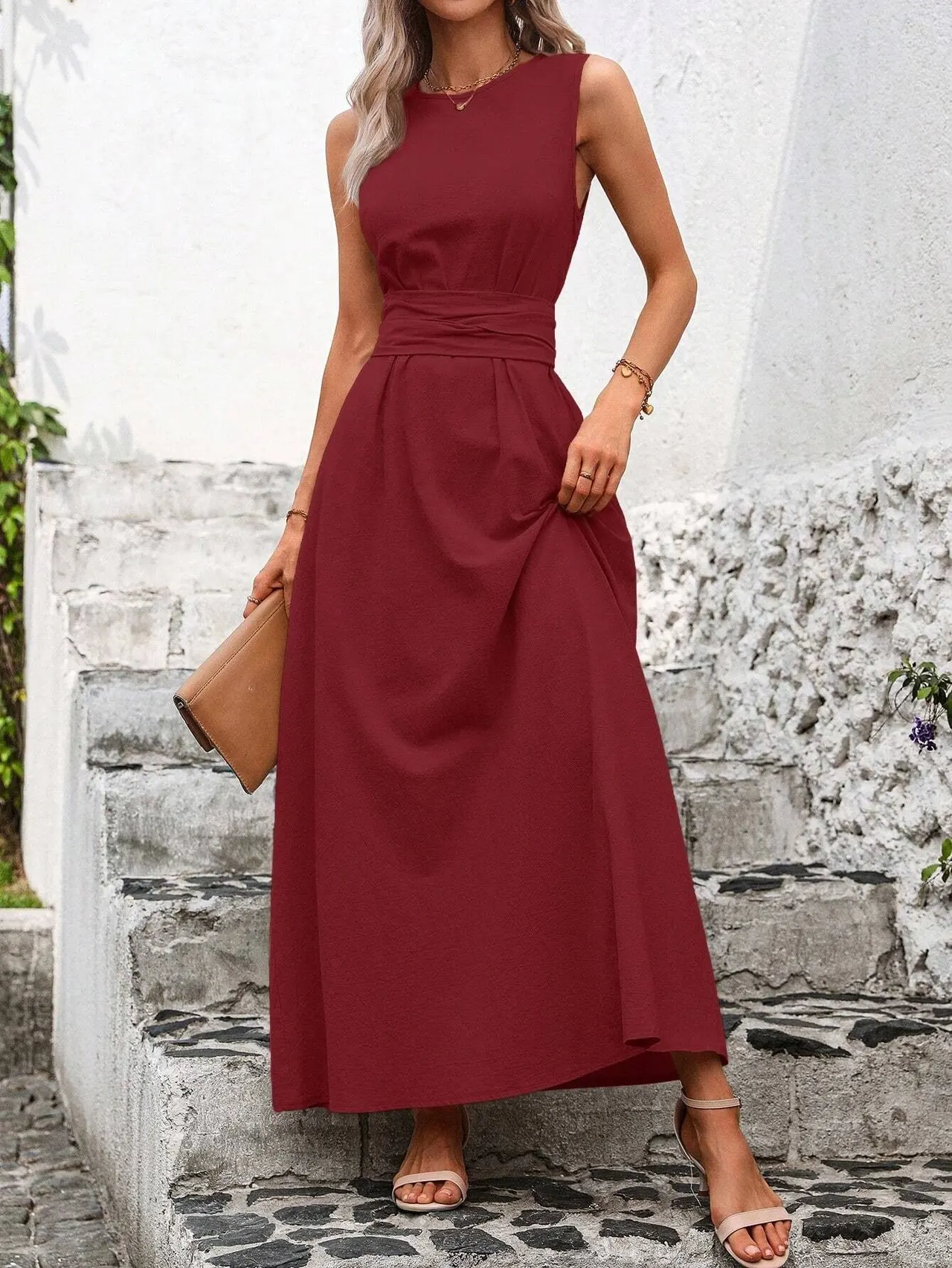 Women's Solid Color Round Neck Sleeveless Loose Casual Dress - Red