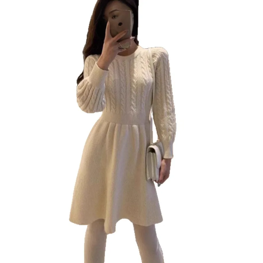 Waist-tight Temperament Slimming Sweater Dress Round Neck Base Twist - Apricot