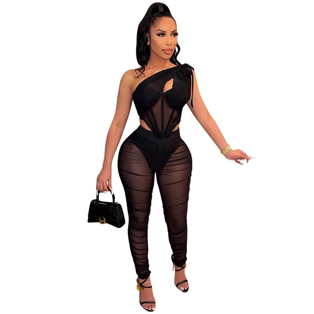 Women's Fashion Sexy Mesh See through Irregular Top Two piece Suit Black - Shop at LoveMi