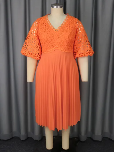 Lace Hollow Pattern Puff Sleeve V neck Slimming A Swing Elegant Pleated Dress Orange - Shop at LoveMi