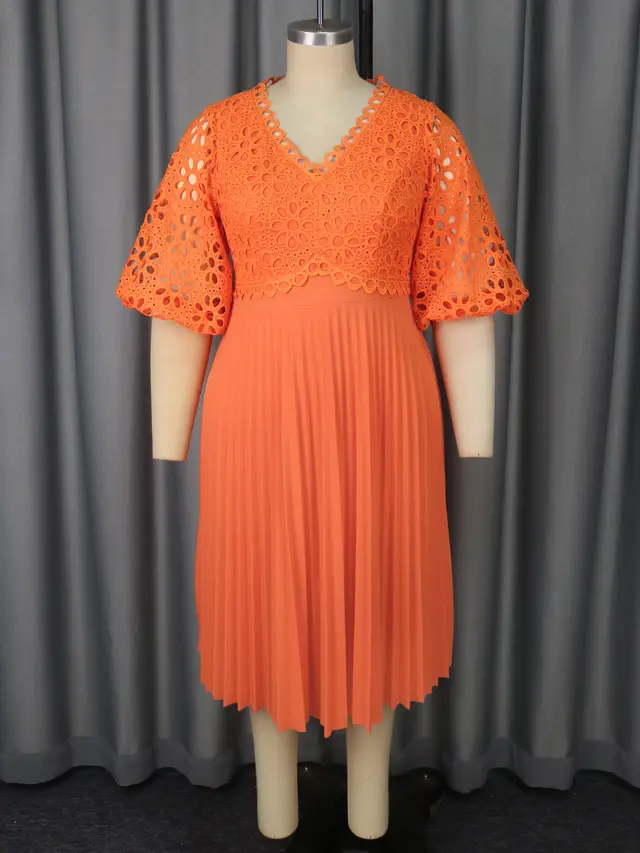 Lace Hollow Pattern Puff Sleeve V neck Slimming A Swing Elegant Pleated Dress Orange - Shop at LoveMi