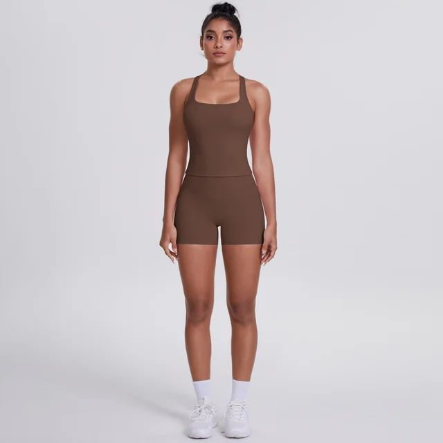 Brushed Outdoor Leisure Running Yoga Clothes Beauty Back Hip Raise Skinny Shorts Suit Chestnut - Shop at LoveMi