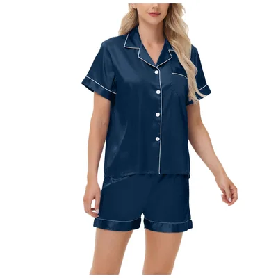 Ice Silk Women's Short Sleeve Satin Plus Size Pajamas Blue - Shop at LoveMi