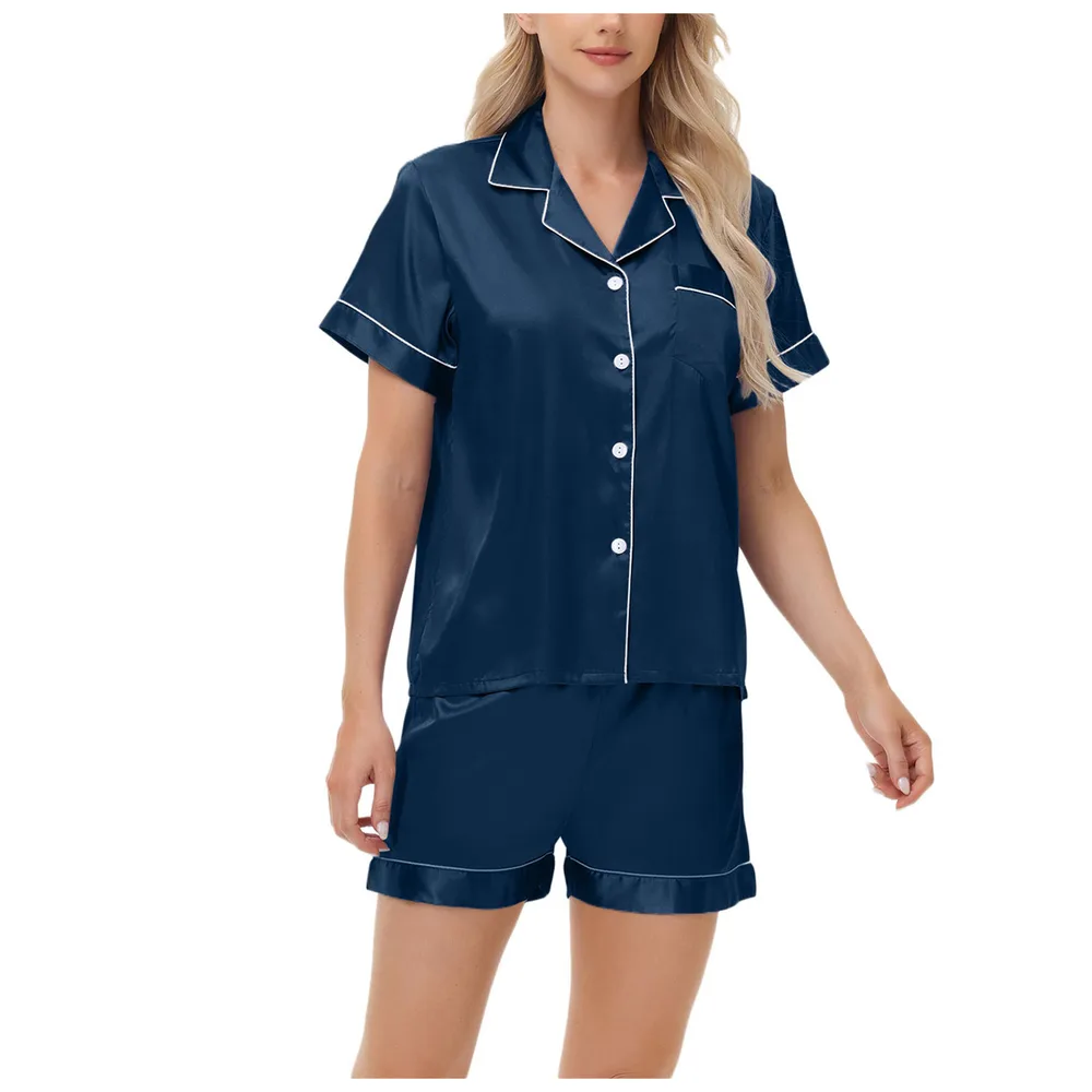 Ice Silk Women's Short Sleeve Satin Plus Size Pajamas - Blue - View 1