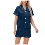 Ice Silk Women's Short Sleeve Satin Plus Size Pajamas - Blue
