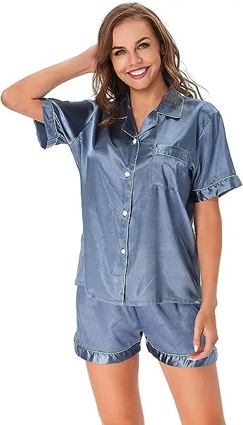 Ice Silk Women's Short Sleeve Satin Plus Size Pajamas Gray Blue - Shop at LoveMi