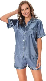 Ice Silk Women's Short Sleeve Satin Plus Size Pajamas - Gray Blue
