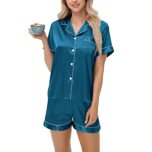 Ice Silk Women's Short Sleeve Satin Plus Size Pajamas Peacock Blue - Shop at LoveMi