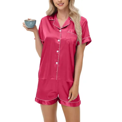Ice Silk Women's Short Sleeve Satin Plus Size Pajamas Rose - Shop at LoveMi