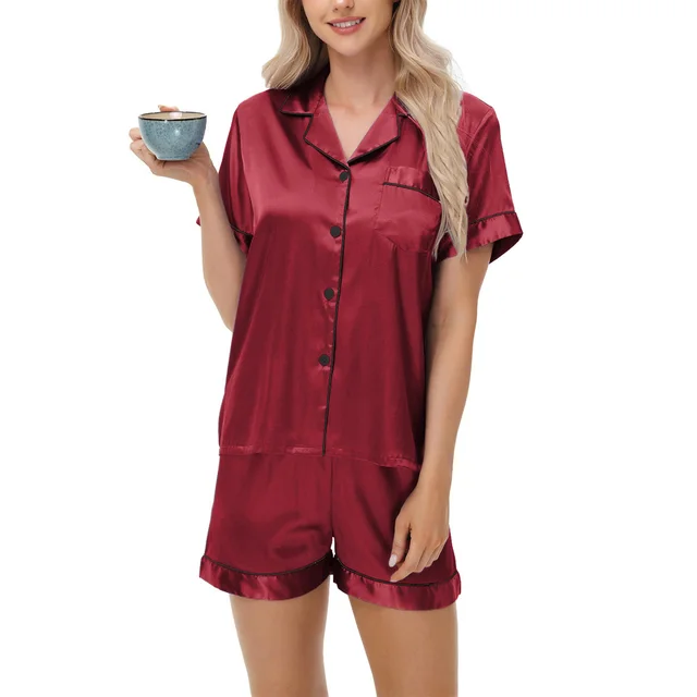Ice Silk Women's Short Sleeve Satin Plus Size Pajamas Wine Red - Shop at LoveMi