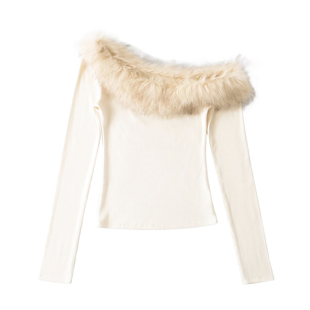 Fur Collar Beveled Off-shoulder Long Sleeve Stretch Thread Sunken Stripe Slim Top - Beige