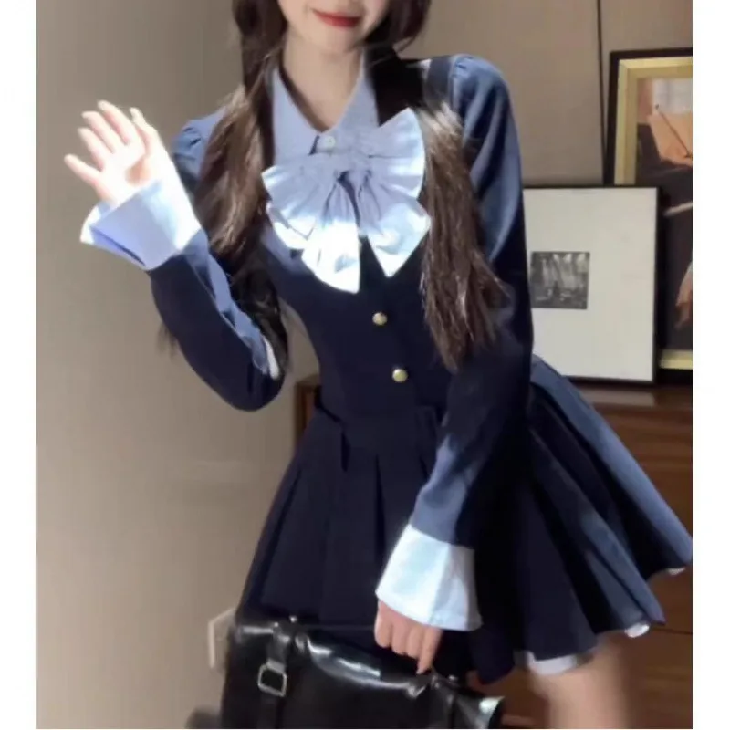 College Style Stitching Design Sense Female Atmosphere Wear Match Dress - Navy Blue - View 1