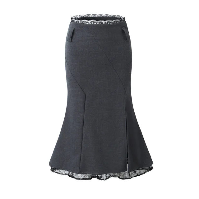 Lace Stitching Fishtail Elegant Slimming Sheath Skirt Gray - Shop at LoveMi