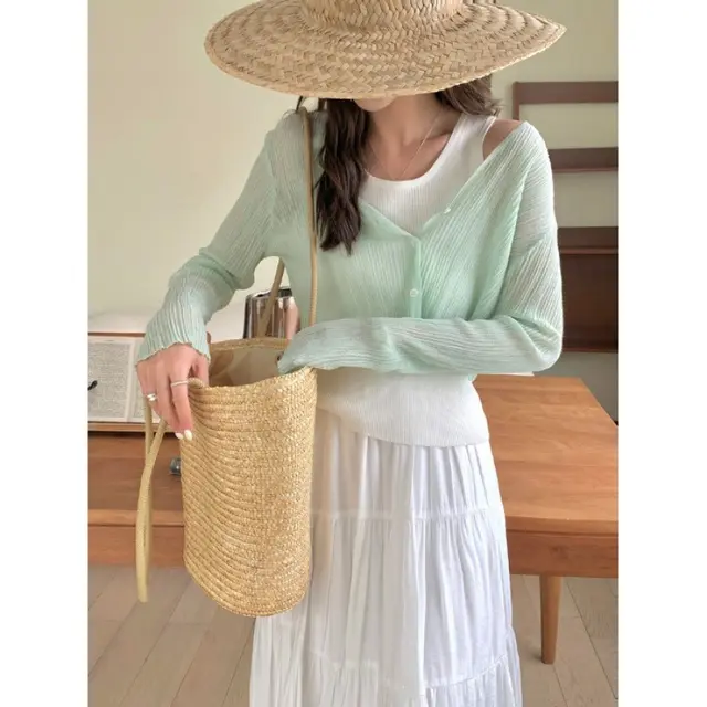 Solid Color Long Sleeve Buckle Sun Protection Cardigan Sweater Light Green - Shop at LoveMi