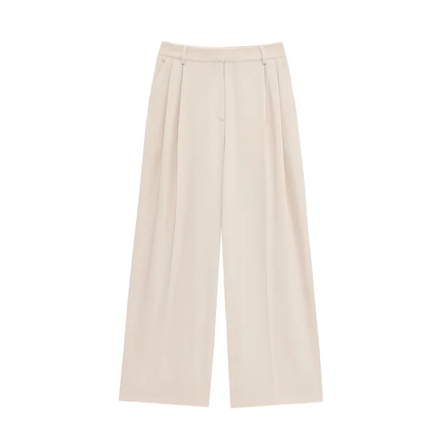 Pleated Wide Leg Pants With Padded Shoulder Double Breasted Blazer Beige Pants - Shop at LoveMi