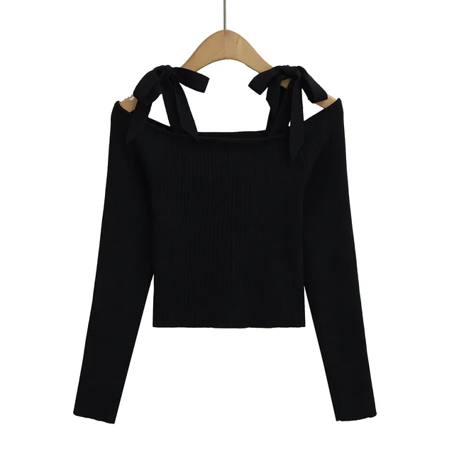 Sexy Strapless Lace up Short Off shoulder Knitwear Black - Shop at LoveMi