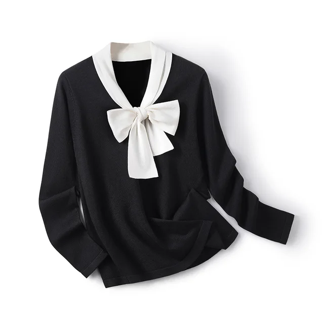 French Style Artistic Simple Professional Style Long Sleeve Tie Top Black - Shop at LoveMi