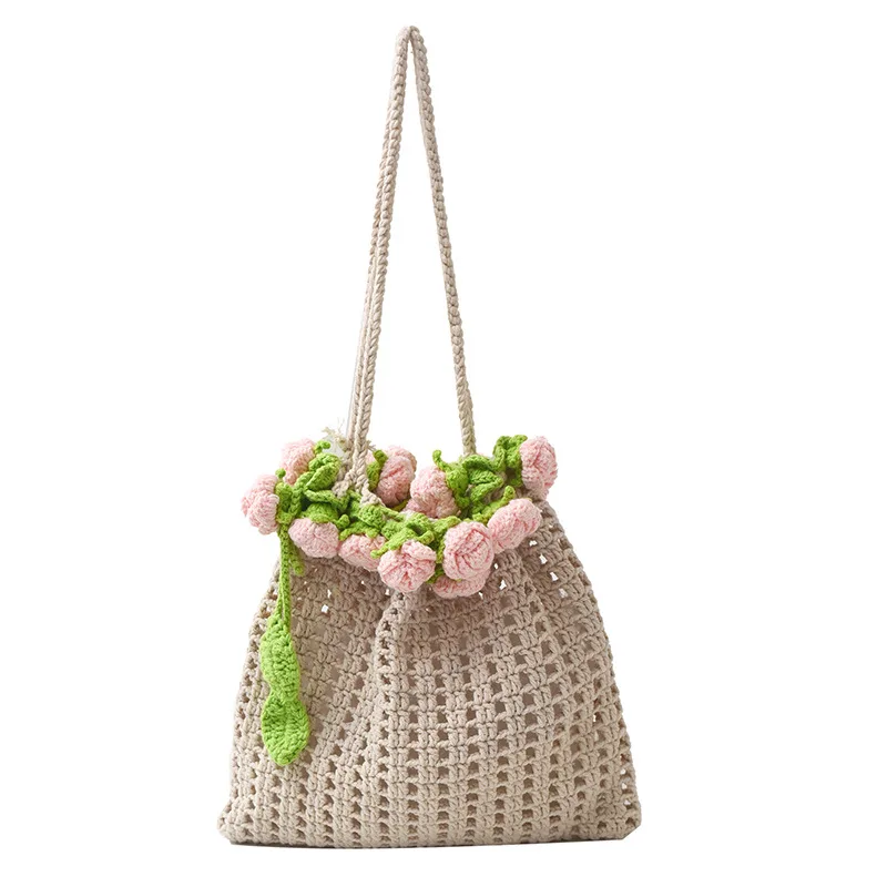Summer Rose Bouquet Woven Lazy Style Artistic Girls' One-shoulder Bag - Rose