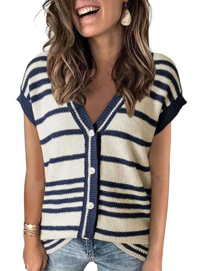 Striped Color Contrast Short Top T shirt Women's Thin Blue - Shop at LoveMi