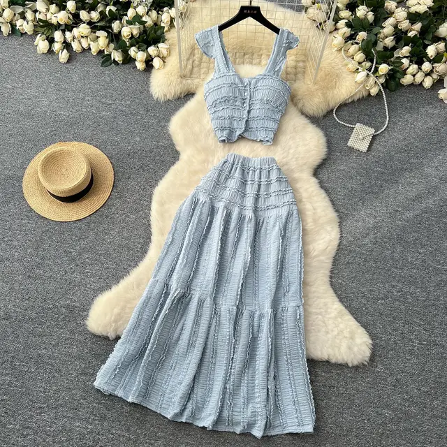 Suspender Top High Waist Crimp Skirt Two piece Suit Light Blue - Shop at LoveMi
