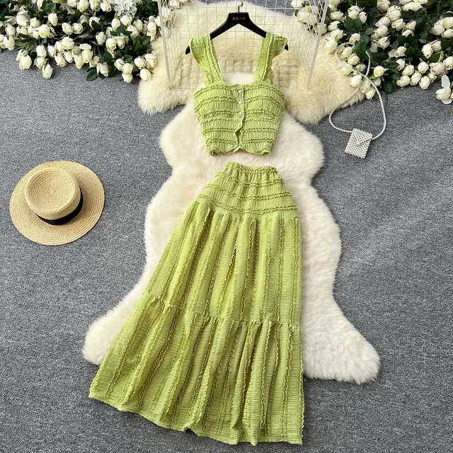 Suspender Top High Waist Crimp Skirt Two piece Suit Light Green - Shop at LoveMi