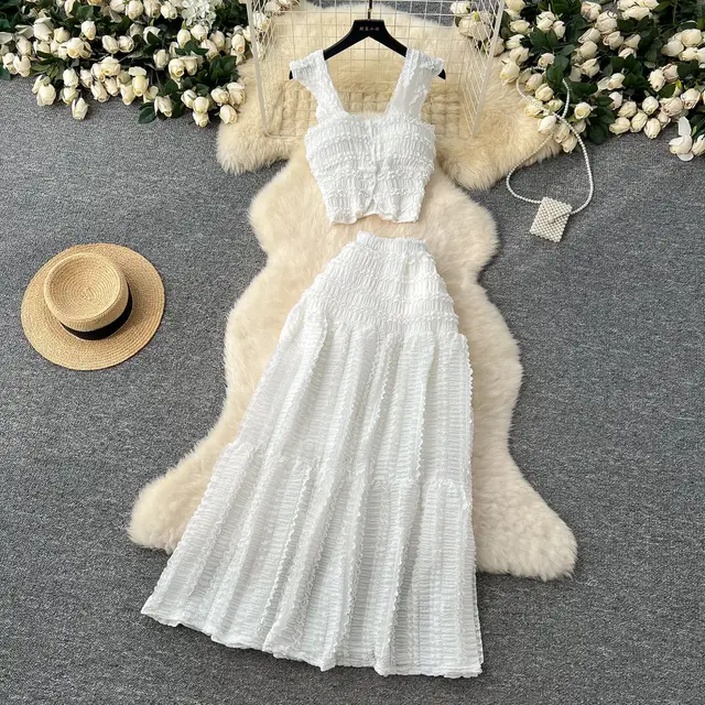 Suspender Top High Waist Crimp Skirt Two piece Suit White - Shop at LoveMi