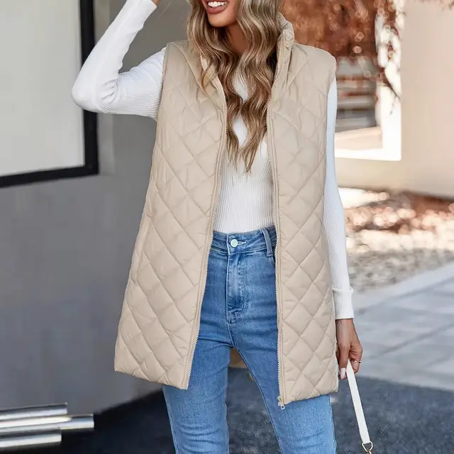 Stand Collar Sleeveless Warm Vest New Zipper Vest Beige - Shop at LoveMi