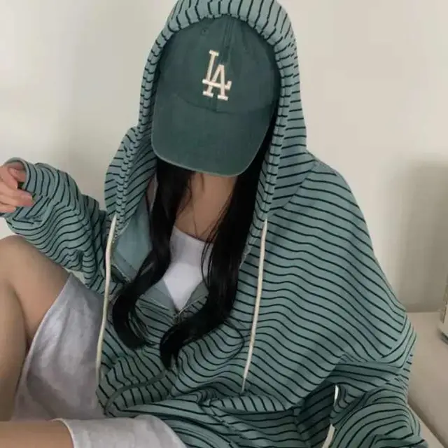C Loose Casual Laid back Style Striped Hooded Pocket Blue - Shop at LoveMi