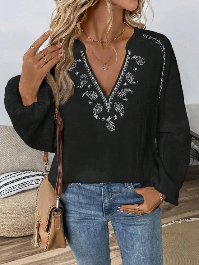 Fashion Design V neck Embroidery Cotton Top Black - Shop at LoveMi