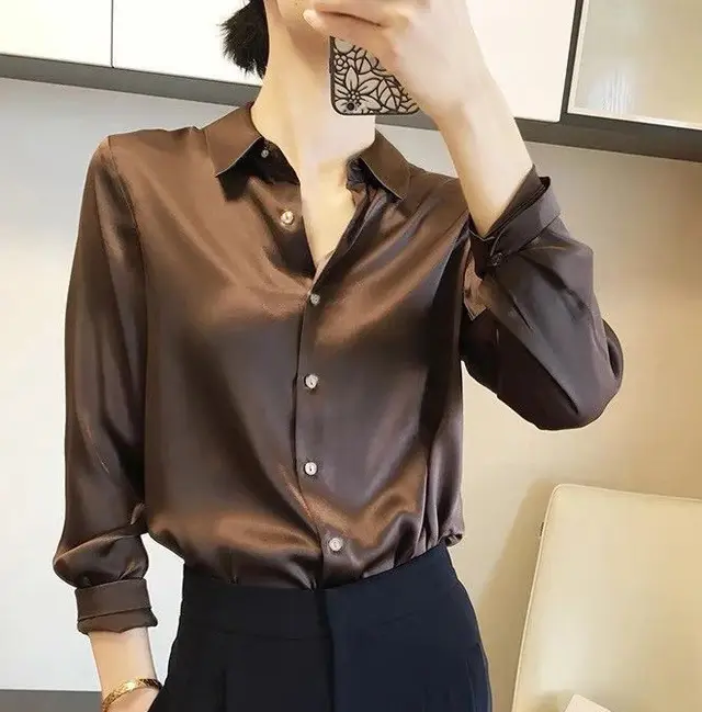 Women's High grade Green Satin Shirt Coffee - Shop at LoveMi