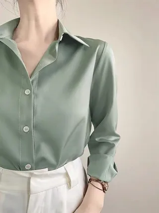 Women's High-grade Green Satin Shirt - Middle Gray Green