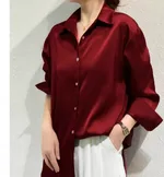 Women's High-grade Green Satin Shirt - Wine Red