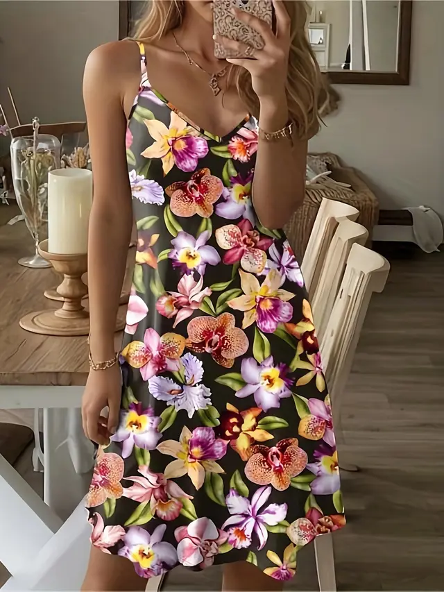Printed Casual Vacation Spaghetti Straps Dress Black - Shop at LoveMi