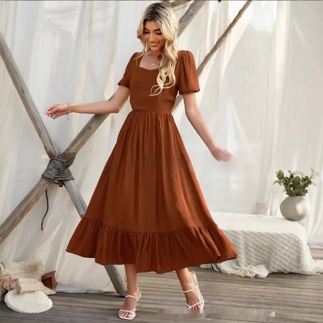 Women's Clothing Round neck High Waist Solid Color Casual Patchwork Long Dress Women Brown - Shop at LoveMi