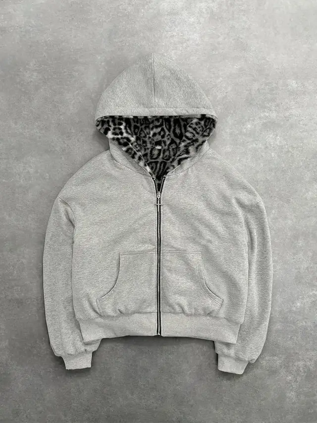 Hooded Sweater Can Wear Vintage Leopard Print On Both Sides Gray - Shop at LoveMi