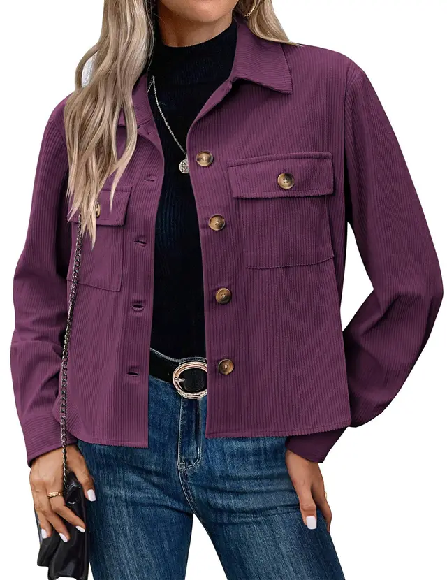 Corduroy Button Cropped Jacket For Women Purple - Shop at LoveMi