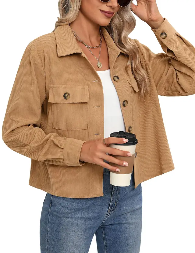 Corduroy Button Cropped Jacket For Women Sunflower Color - Shop at LoveMi