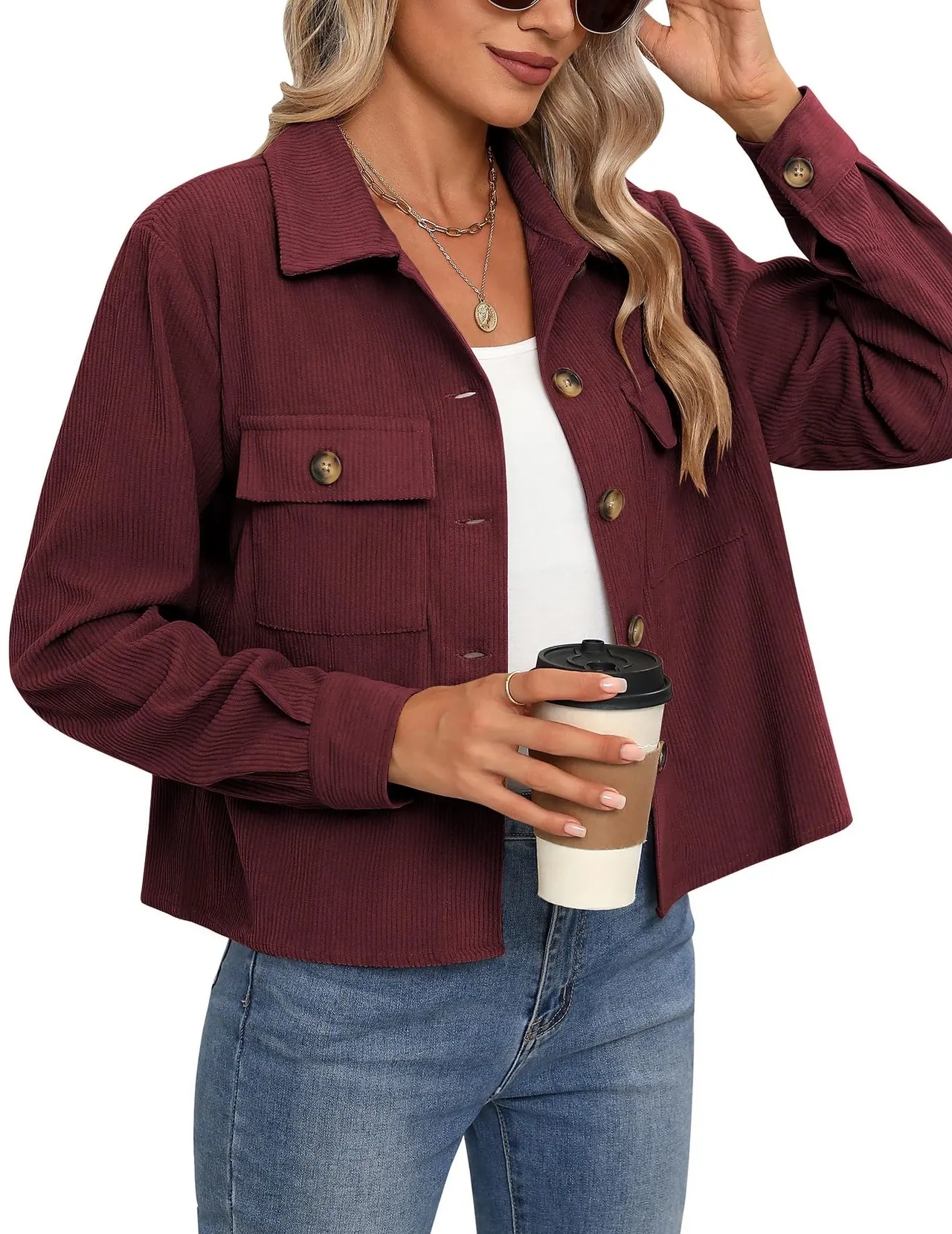 Corduroy Button Cropped Jacket For Women - Wine Red