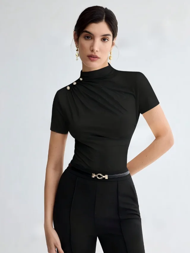 Women's Summer Solid Color Elegant Pleated Short Sleeves T shirt Black - Shop at LoveMi
